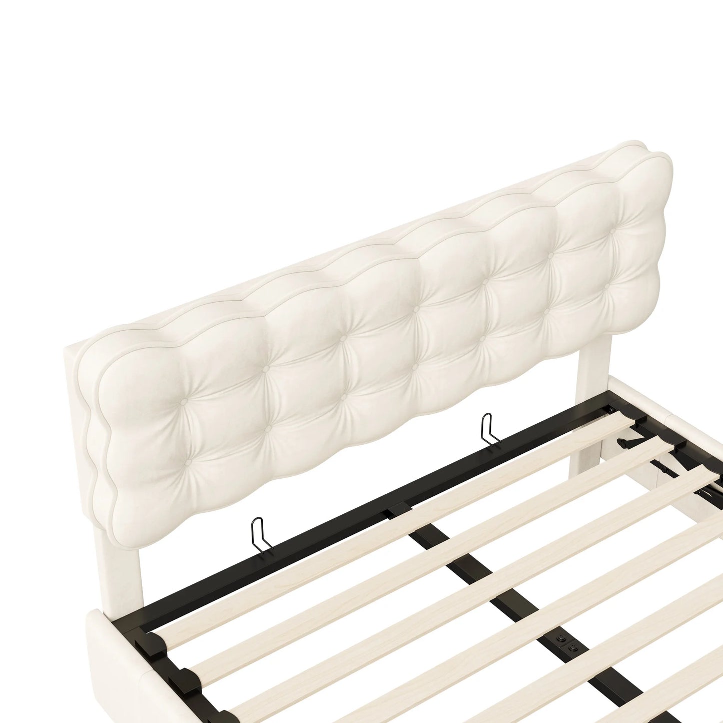 Doppelbett 140x200 cm mit LED-Beleuchtung und Stauraum, Luftdruckbett, Lattenrost, Samt, beige, ohne Matratze