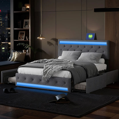 Gepolstert 140 x 200 cm, Doppelbett mit LED-Beleuchtung & USB-Ladestation , Schubladenbett mit 4 Schubladen und Lattenrost