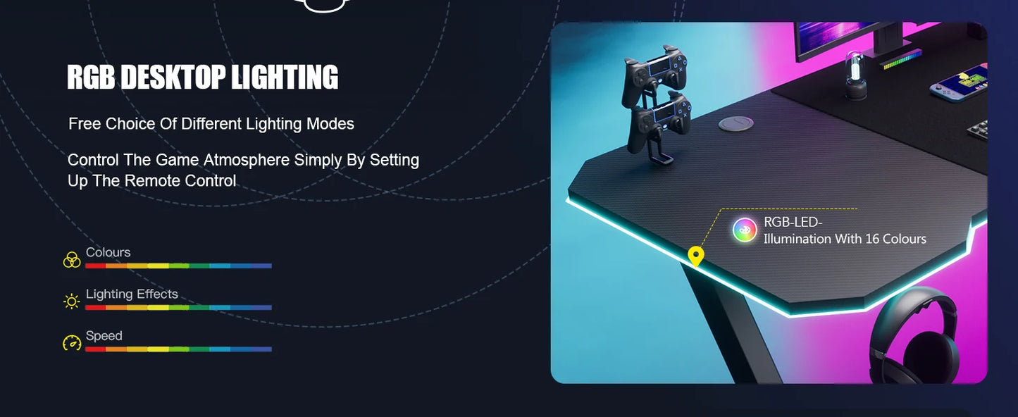 GTPLAYER Gaming Tisch, Gaming Schreibtisch 120 x 60cm, PC Tisch Gamer Tisch mit Kohlefaseroberfläche/LED/Steckdose, Schwarz