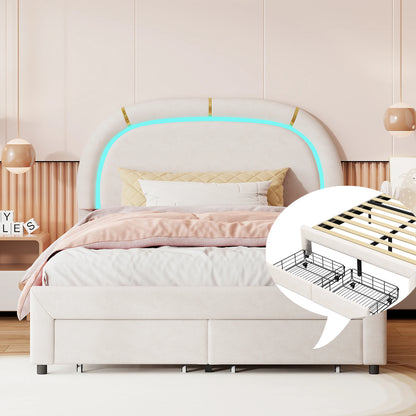 WoodenAura Doppelbett 140 × 200 cm gepolstertes mit 2 Schubladen und LED-Lichtst reifen, mit Rückenlehne Kopfteil und Lattenrost