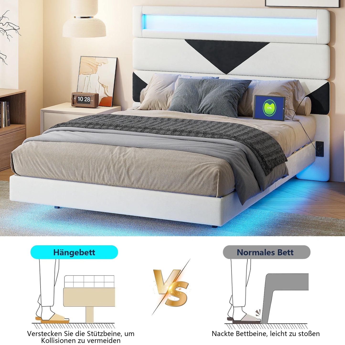 Doppelbett 160x200 cm, mit zwei USB-Ladeanschlüssen und LED-Lichtleiste, dreieckiges Kopfteil, verstellbare Holzplatte, Samt