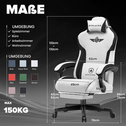 GTPLAYER Gaming Stuhl, Ergonomischer Gamer Stuhl aus Stoff mit Lendenwirbelstütze, PC-Stuhl mit verbreiterter Rückenlehne