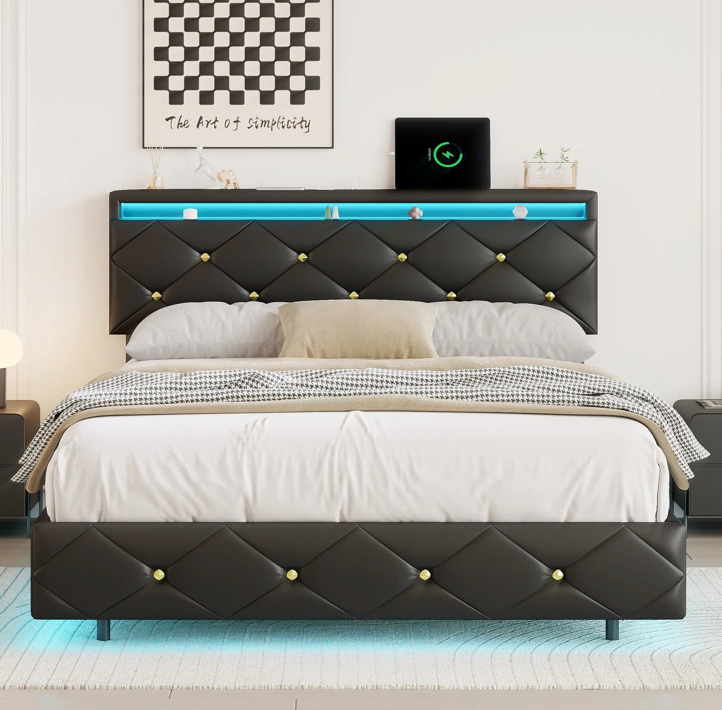 Rosahqnda Schwebebett 140-160*200cm LED USB verstellbares Kopfteil,Doppelpolsterbett Apartmentbett Jugendbett Gästebett,PU