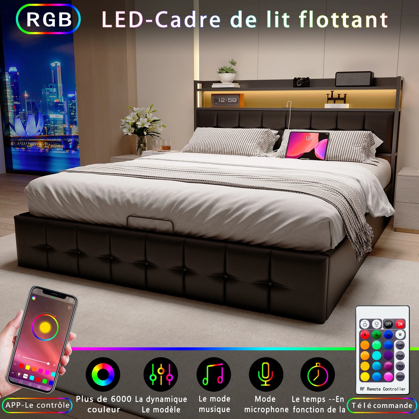 Rosahqnda Polsterbett 140 x 190 cm Doppelbett mit LED und USB, gepolsterter Bettrahmen mit Kopfteil und Lattenrost, Höhe 32 cm