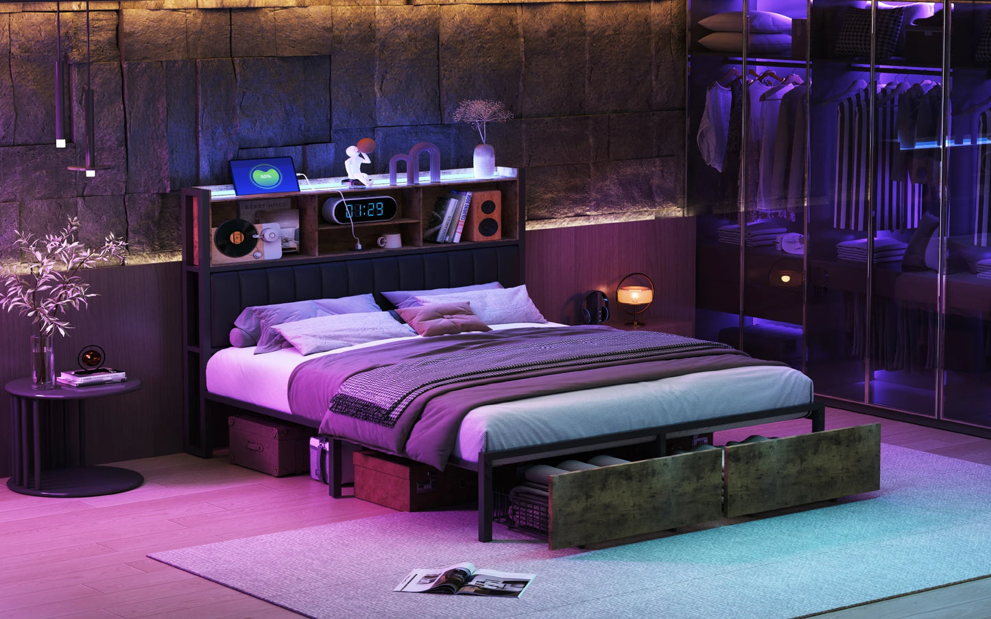 Rosahqnda Doppelbettgestell aus Eisen mit LED & USB & Schubladen, Polsterbett 140-160-180*200cm,Stauraum-Kopfteil,Jugendbett,PU