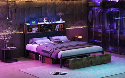 Rosahqnda Doppelbettgestell aus Eisen mit LED & USB & Schubladen, Polsterbett 140-160-180*200cm,Stauraum-Kopfteil,Jugendbett,PU