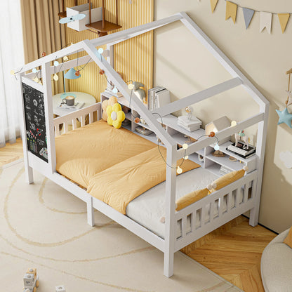 Roshanda Kinderbett, 90 x 200 cm, Hausbett, Einzelbett, mit Tafel/Bücherregal/Schublade, Kiefer, Weiß