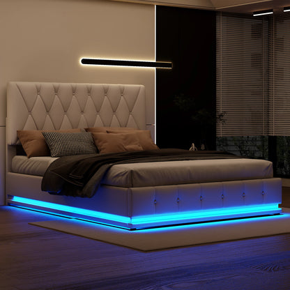 Rosahqnda gepolstertes Doppelbett 140 x 200 cm, LED-Beleuchtung, Doppelbett mit Stauraum, Kinderbett, Jugendbett, weißes PU-Leder