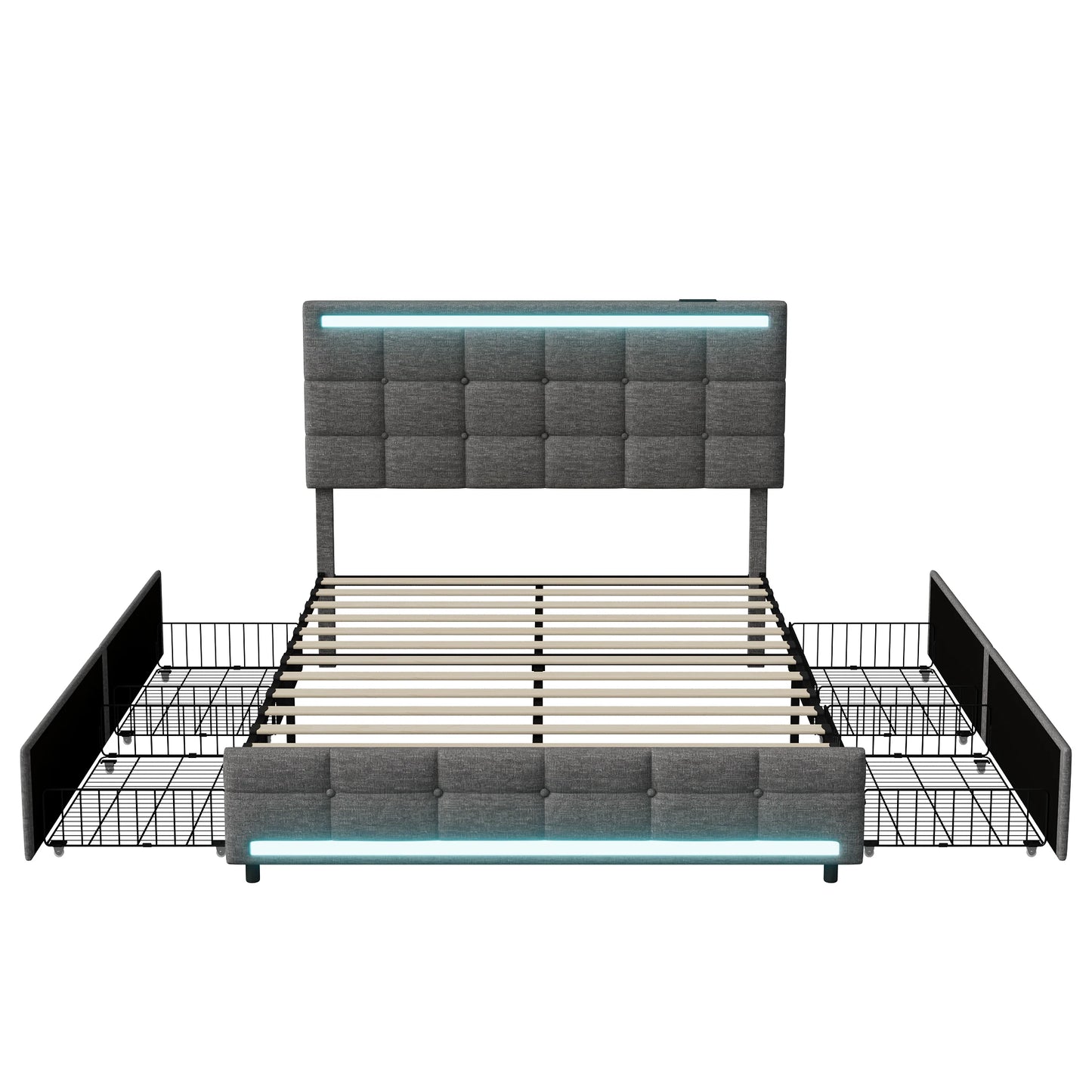 Rosahqnda Polsterbett mit 4 Schubladen und 2 USB-Anschlüssen, Bettrahmen mit LED-Leuchten, Kopfteil, Fußteil und Stauraum