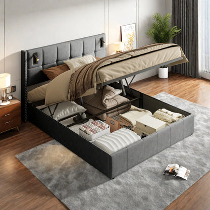 ROSAHQNDA Modernes Polsterbett, hydraulisches Doppelbett mit Leseleuchten, 140/160x200cm, Samtbett mit Stauraum, ohne Matratze