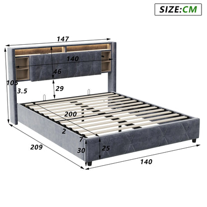 Rosahqnda Doppelbett， mit USB und LED, Polsterbett mit Stauraum und Kopfteil, Bettrahmen mit Holzlattenrost, Samt，grau