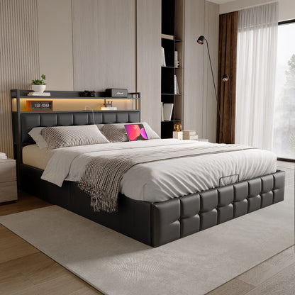 Rosahqnda Polsterbett 140x200 cm mit Lichtleiste, Stauraumbett mit Kopfteil, Doppelbett mit Lattenrost für 2 Personen,PU,Schwarz