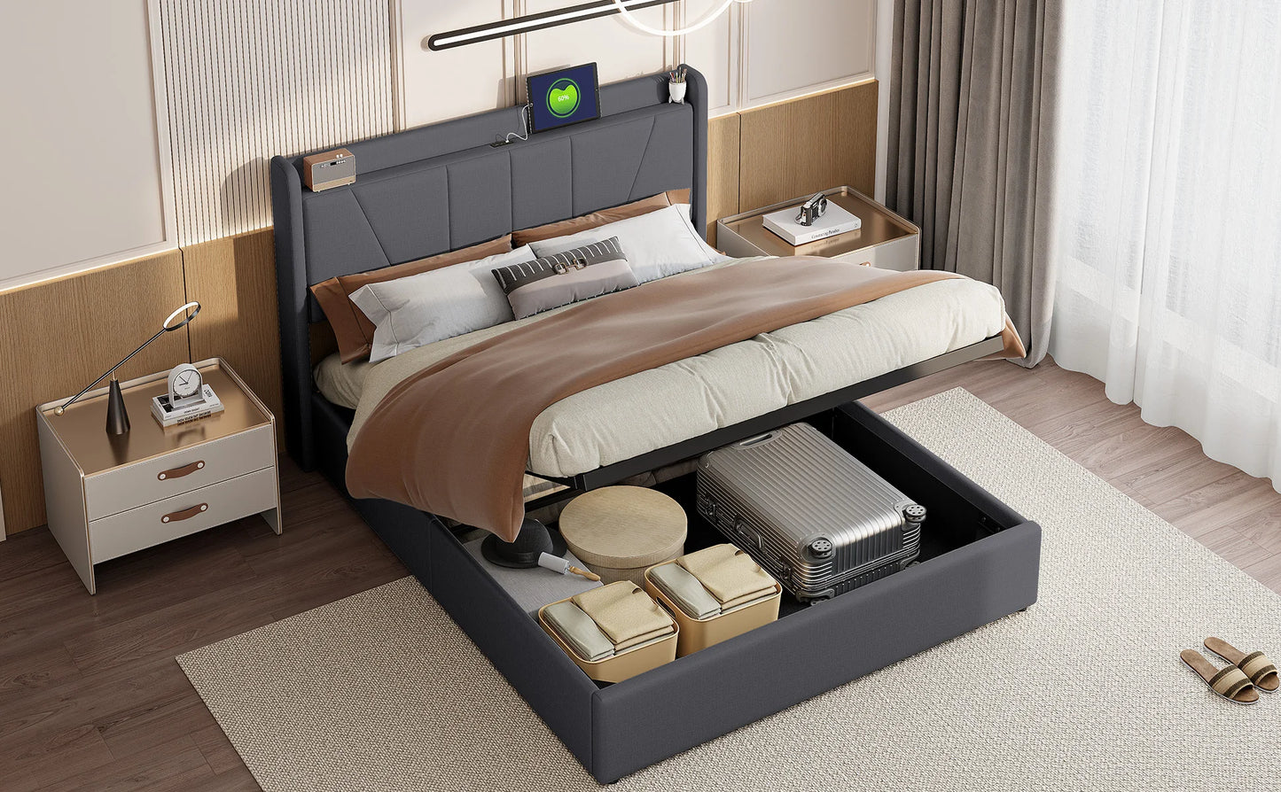 RosahqndaPolsterndes Doppelbett mit Stauraum unter dem Bett, LED-Kopfteil mit USB/Typ C, Bettgestell mit Stauraum und Lattenrost
