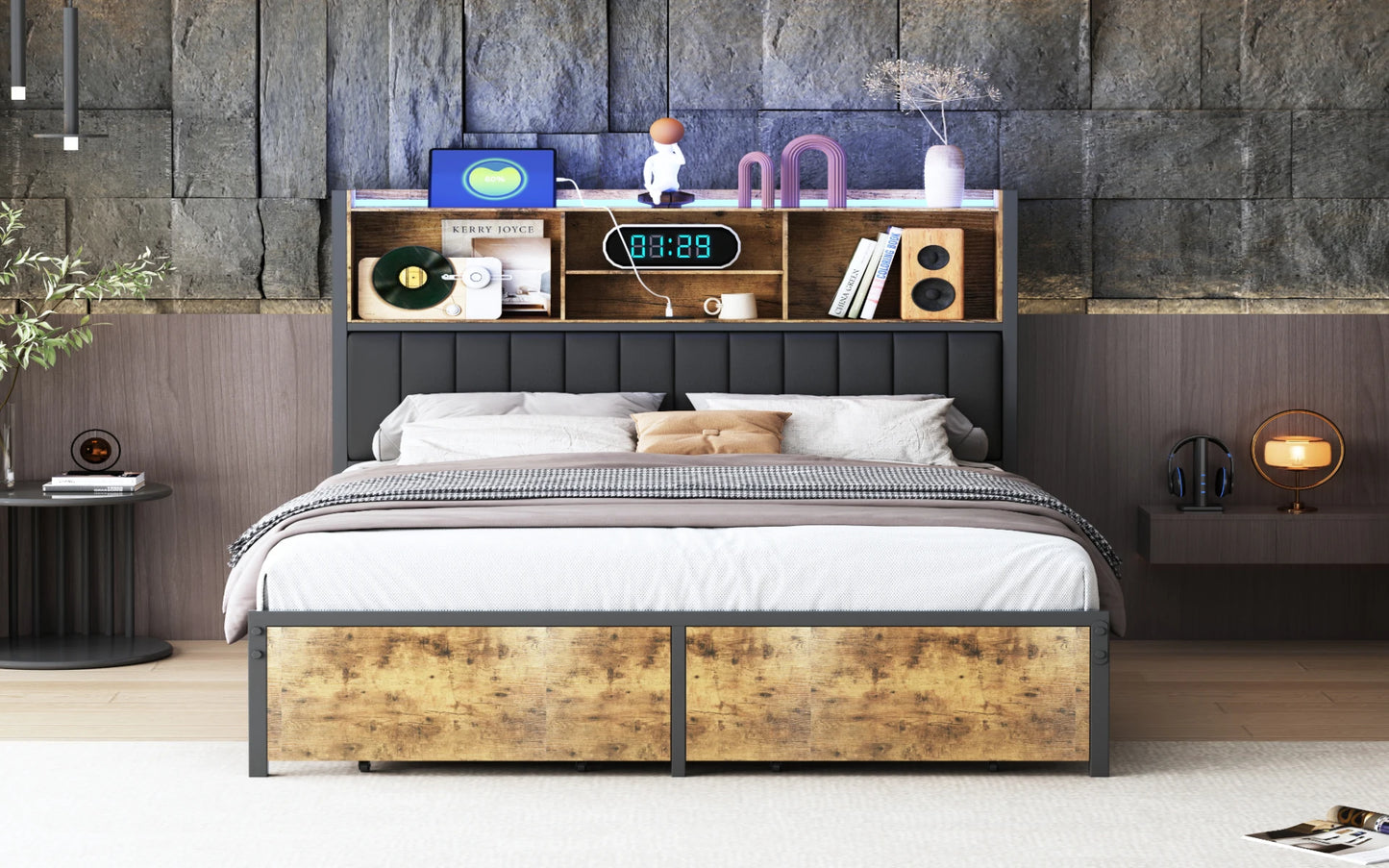 Rosahqnda Doppelbettgestell aus Eisen mit LED & USB & Schubladen, Polsterbett 140-160-180*200cm,Stauraum-Kopfteil,Jugendbett,PU