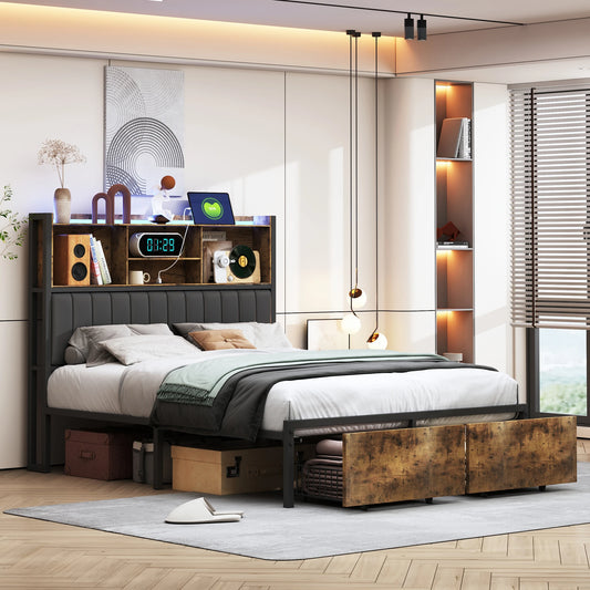 Rosahqnda Doppelbett aus Eisen, Rahmen mit LED, USB und Schubladen, gepolstertes Bett, 140–160–180 x 200 cm, Stauraum, Kopfteil, Jugendbett, PU, Schwarz