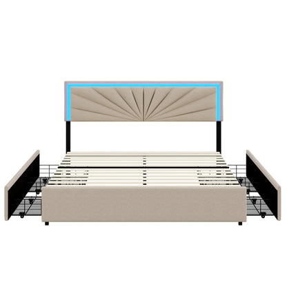 Rosahqnda Gepolstertes Doppelbett 140-160 x 200 cm mit 4 Schubladen und LED, Stauraumbett, Gästebett, Apartmentbett, Leinen