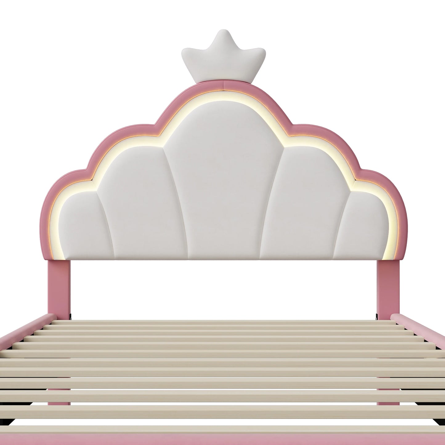 Rosahqnda Kinderbett, Gepolstertes Einzelbett, LED-Beleuchtung, Prinzessinnen-Mädchenbett mit Kronenblüten-Kopfteil, Lattenrost