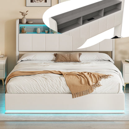 WoodenAura 160x200 CM Polsterbett mit LED-Lichtleiste, Kopfteil mit Stauraum, Doppelbett, flacher Bettrahmen, Metallbettrahmen