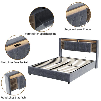 ROSAHQNDA Doppelbett mit Stauraum, LED-Bücherregal-Kopfteil mit USB, Polsterbett 140/160 x 200 cm, Samt, ohne Matratze