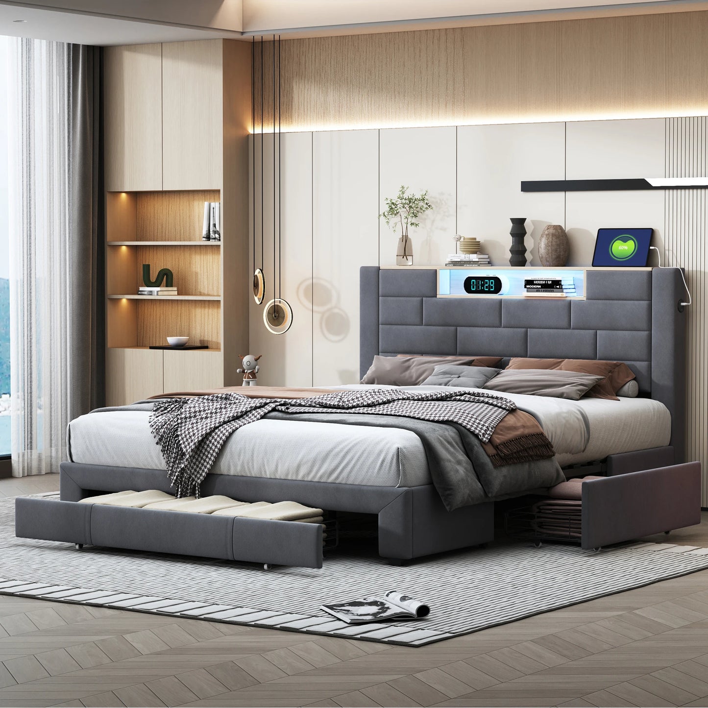 Upholstered Bed 160x200cm with LED and USB Charging Socket,Drawer Storage Bed,Bedside Storage,Adult Livingroom,Gray,Velvet