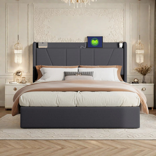 Rosahqnda Gepolsterter Doppelbettrahmen 140-160x200 cm Leinen USB-Hydraulikbett mit Stauraum Gästebett Schlafzimmer