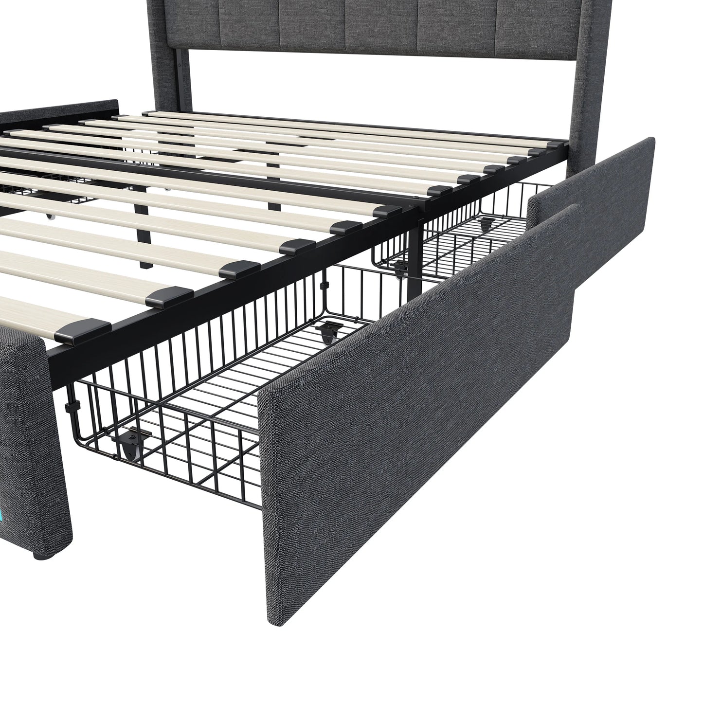 Double Bed,Upholstered Bed with LED and USB Charging Port,4 Drawers and Storage Backrest for Adults or Teen Bedrooms,Beige/Grey