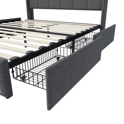 Double Bed,Upholstered Bed with LED and USB Charging Port,4 Drawers and Storage Backrest for Adults or Teen Bedrooms,Beige/Grey