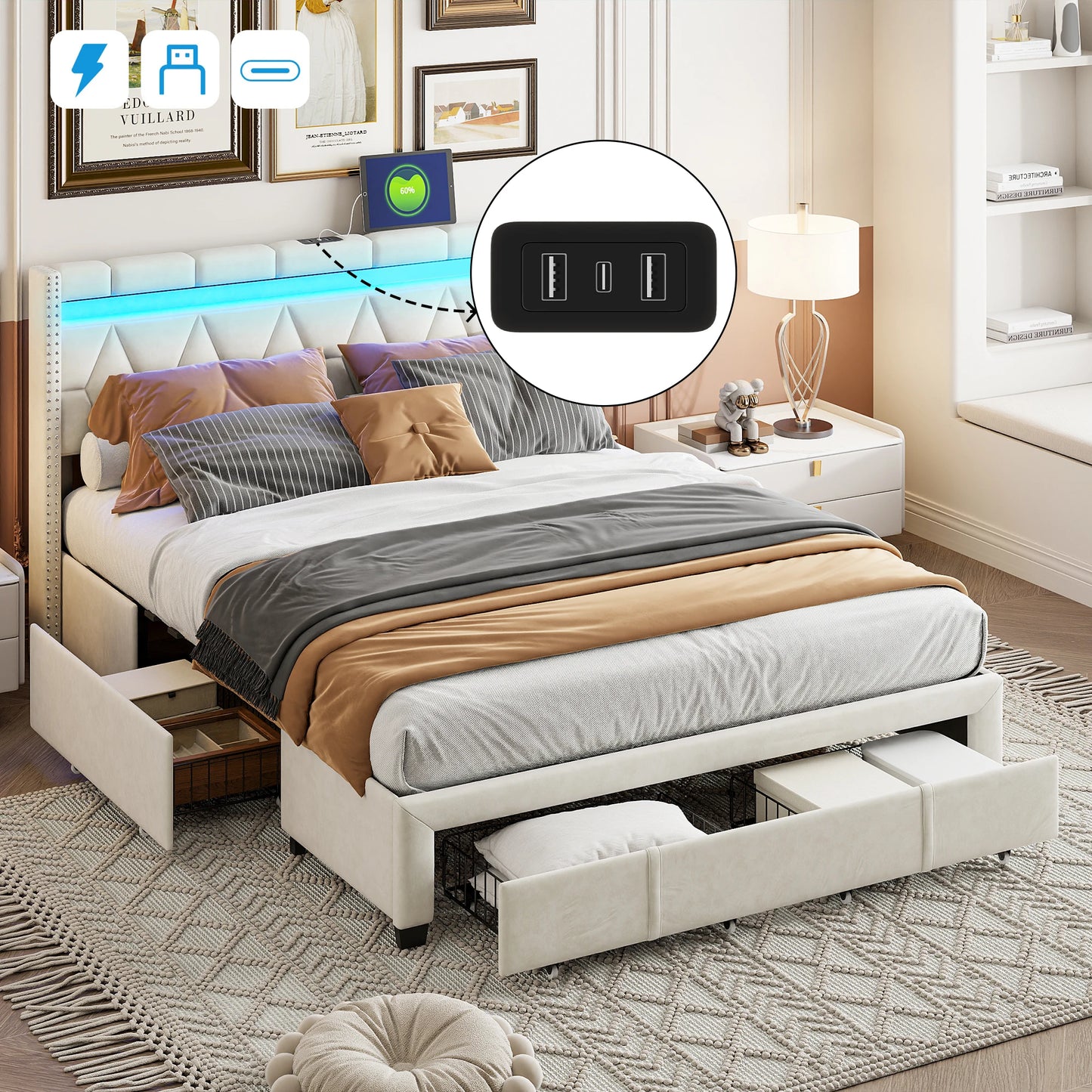 Comanlai Polsterbett, 160 x 200 cm, mit LED-Kopfteil und USB, mit 4 Schubladen, ohne Matratze, Leinenbeige