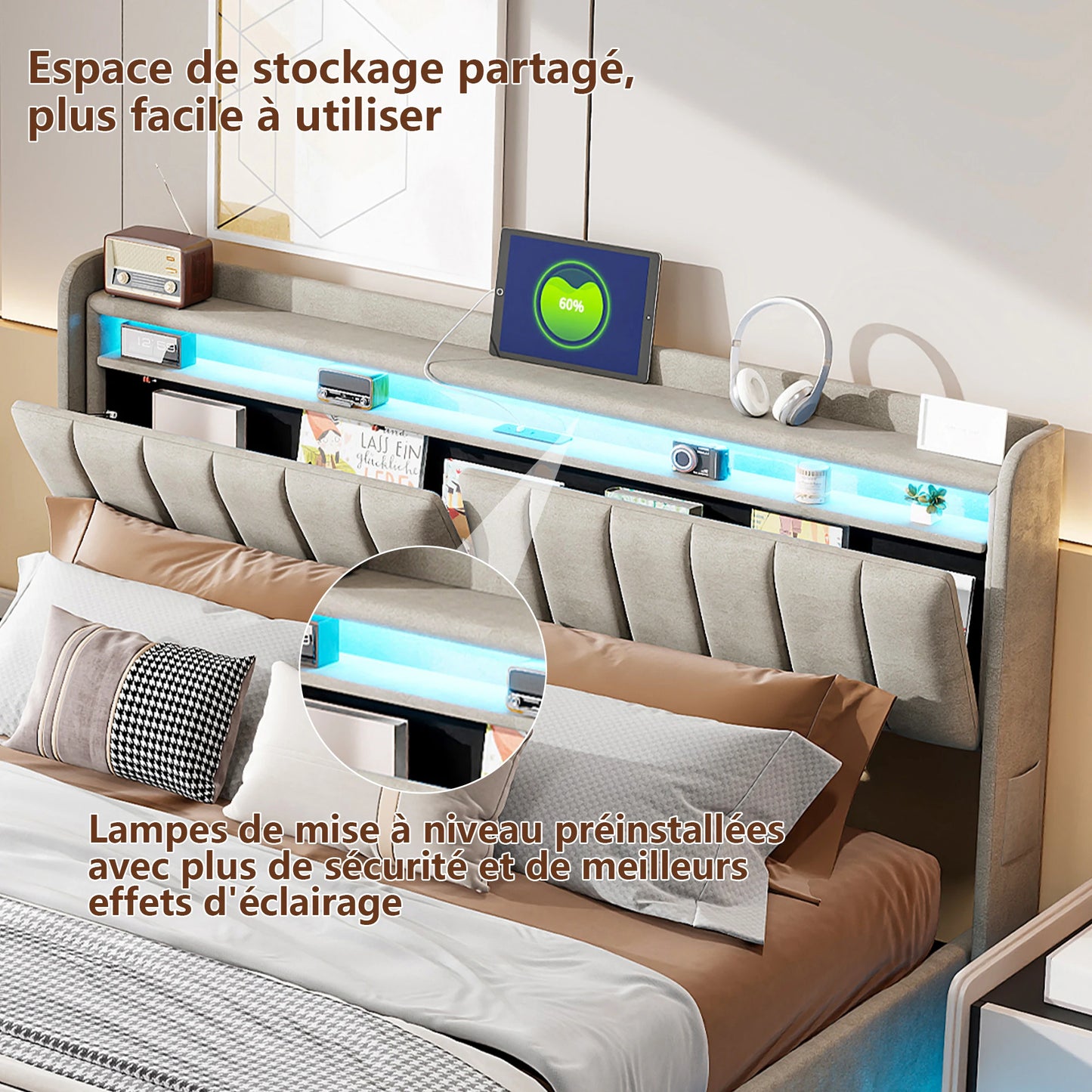 Bett 140 x cm mit LED-Box und USB, Polsterbett 140 x 200 mit LED-Licht gepolstertes Bett mit Stauraumbett 2 Personen