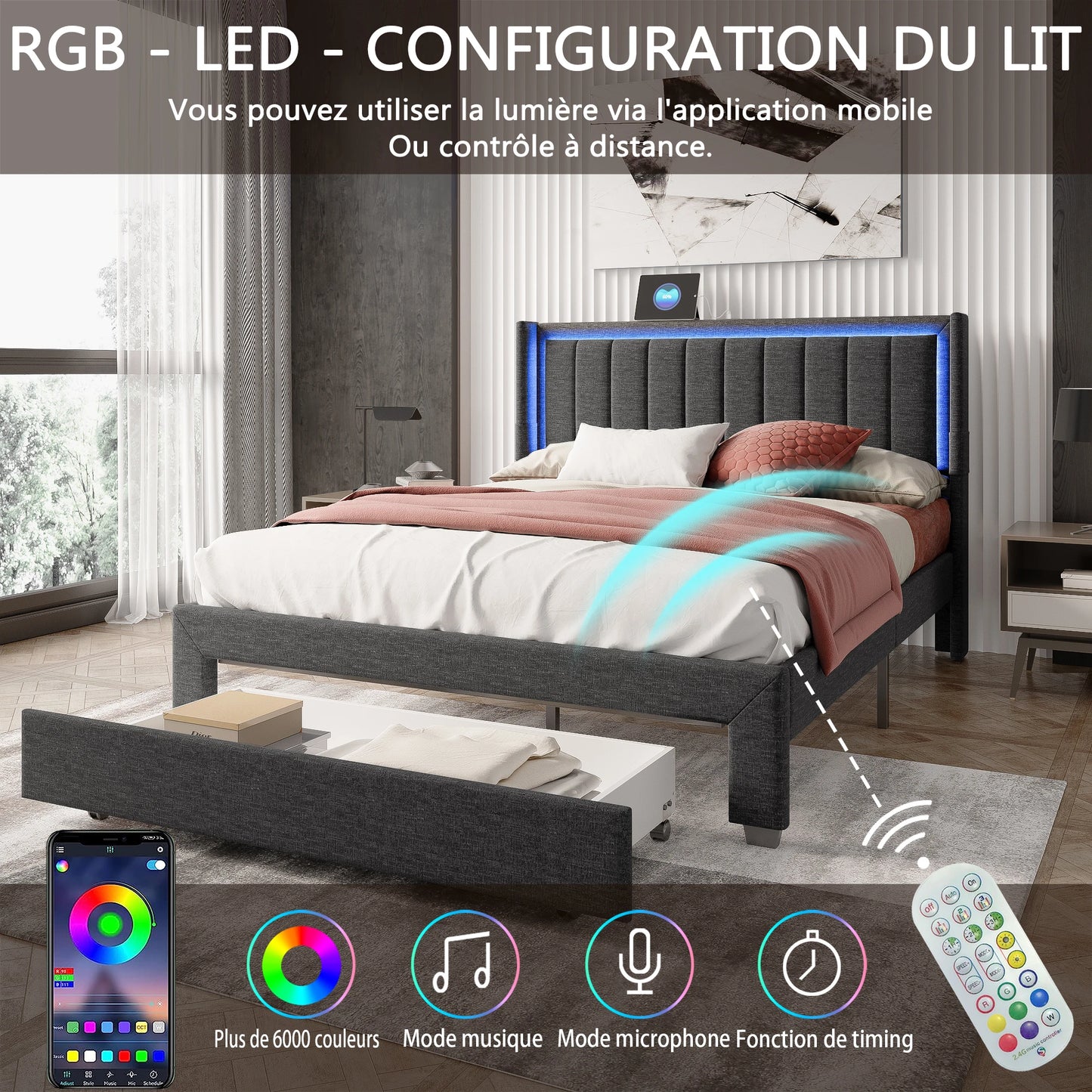 Rosahqnda Gepolsterter Bettrahmen mit LED, USB, Schubladen, Leinen Plattformbett 140-160-180×200cm,Jugendwohnungsbett,Gästebett