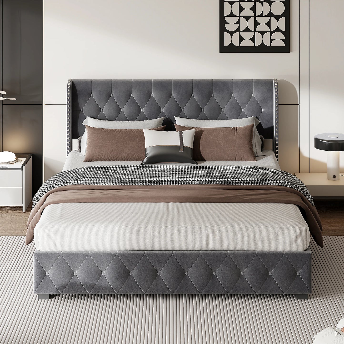 RosahqndaPolsterbett mit Lattenrost und Kopfteil, Boxspringbett mit großem Stauraum, für Erwachsene & Jugendliche, ohne Matratze