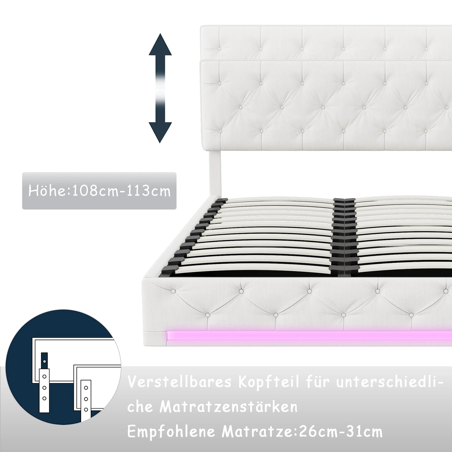 Rosahqnda Double Upholstered Bed 160x200,LED Hydraulic Storage Bed with Large Storage Space,Adjustable Headboard,Bedroom,Beige