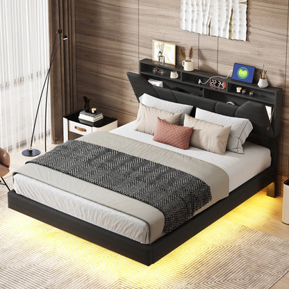 Rosahqnda Soft Bed,Air Pressure Storage Bed, with LED and USB Charging Ports,Adjustable Headboard,Bedroom,Adults,Youth,Black PU