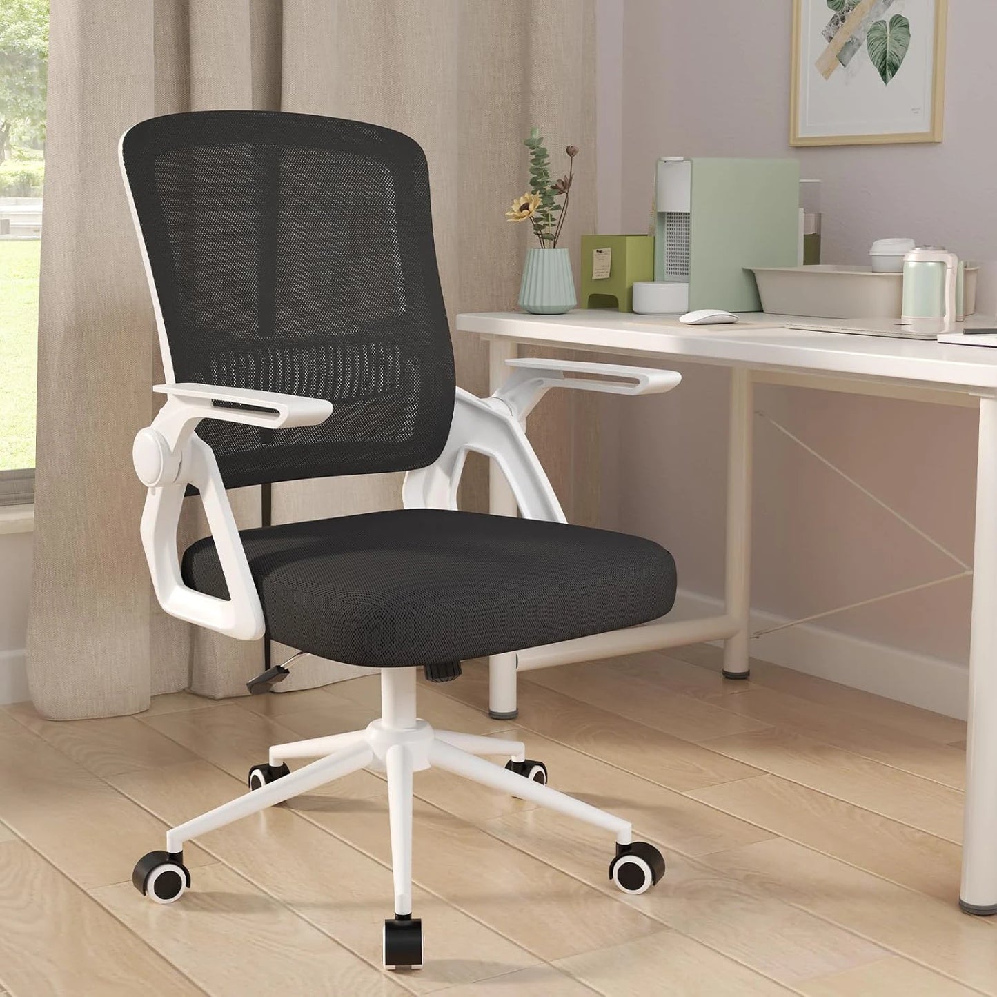Office Chair Ergonomic Mesh Flip-Up Arms Gaming Chair with Mid Back Cushion Lumbar Support for Home Bedroom Working
