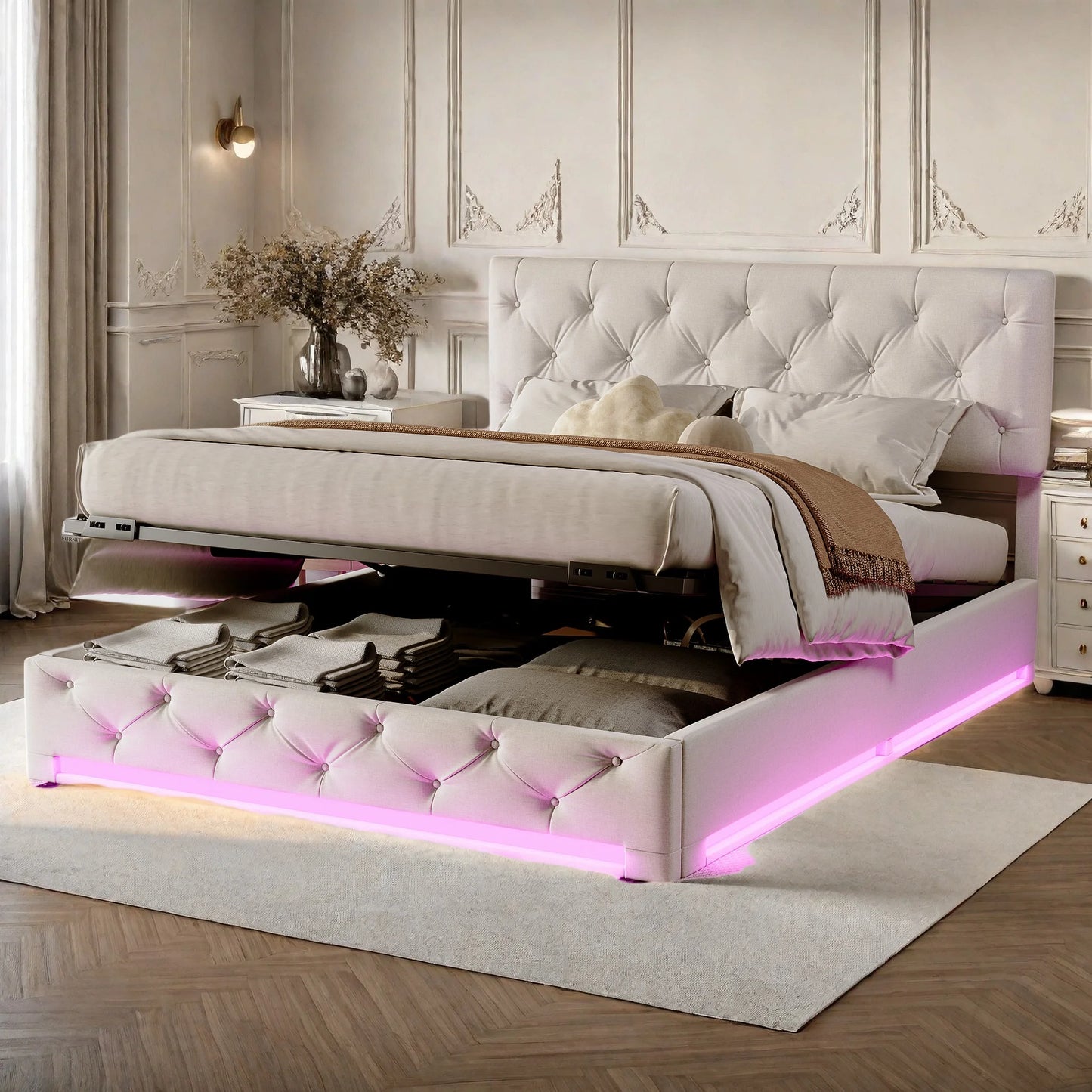 Rosahqnda upholstered bed, double size, with LED lights, storage bed with hydraulic lift box, adjustable headboard height, linen