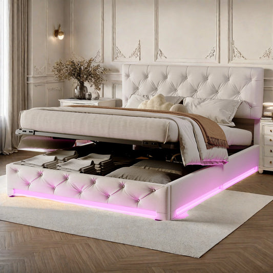 Rosahqnda upholstered bed, double size, with LED lights, storage bed with hydraulic lift box, adjustable headboard height, linen