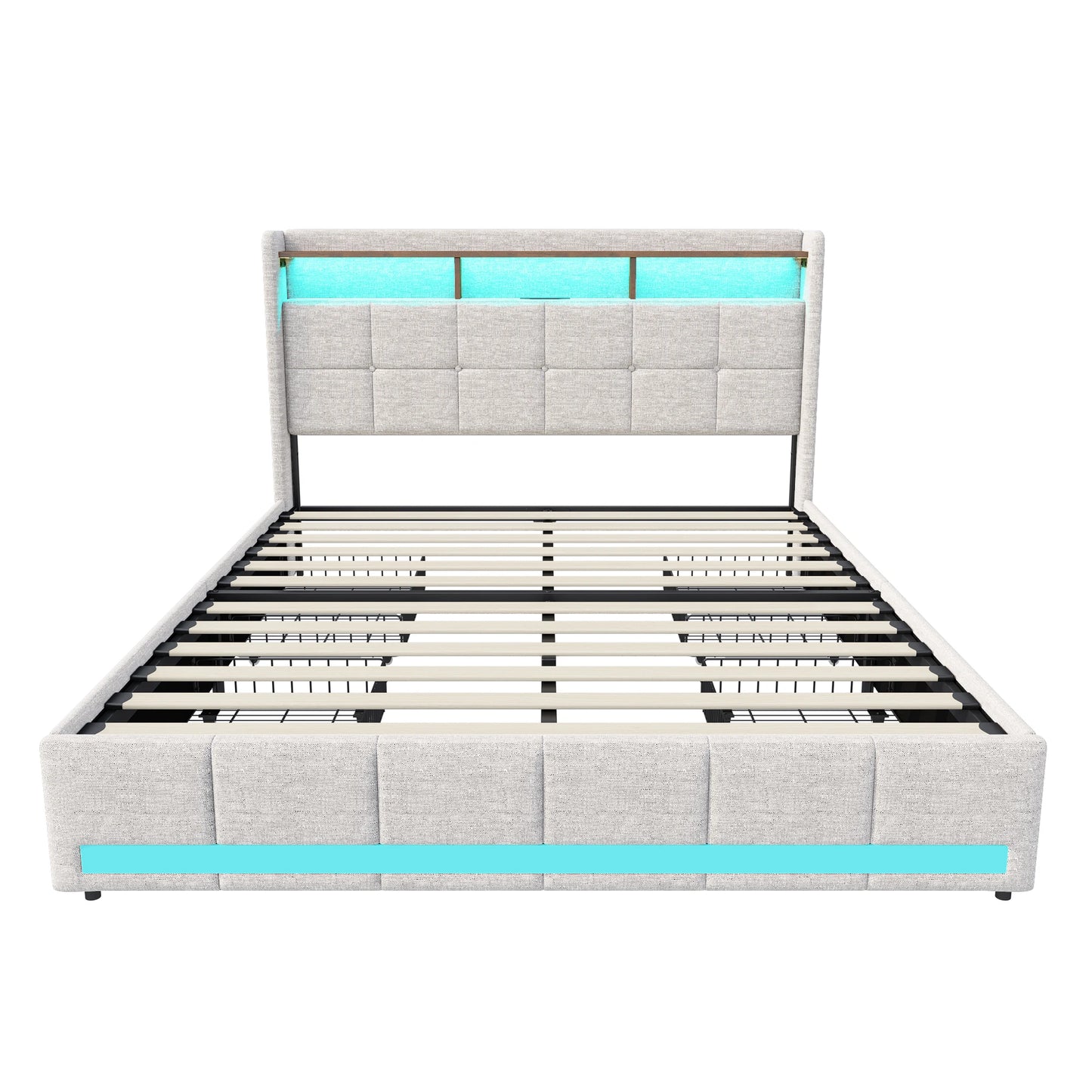 Double Bed,Upholstered Bed with LED and USB Charging Port,4 Drawers and Storage Backrest for Adults or Teen Bedrooms,Beige/Grey