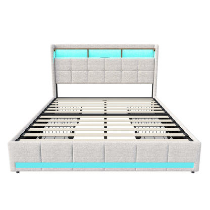 Double Bed,Upholstered Bed with LED and USB Charging Port,4 Drawers and Storage Backrest for Adults or Teen Bedrooms,Beige/Grey