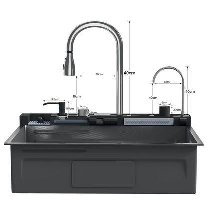 Edelstahl-Wasserfall-Küchenspüle, großes Einzelschlitz-Wasserhahn-Set mit integrierter Digitalanzeige, Seifenspender, Tassenwascher, 75 x 46 cm