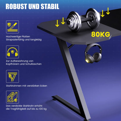 GTPLAYER Gaming Tisch, Gaming Schreibtisch 120 x 60cm, PC Tisch Gamer Tisch mit Kohlefaseroberfläche/LED/Steckdose, Schwarz