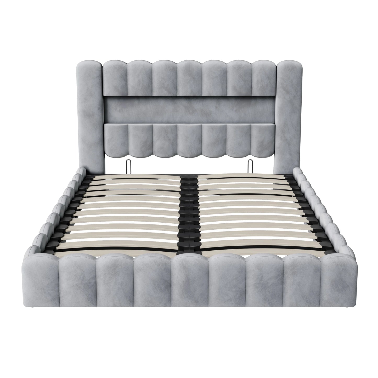 Rosahqnda Polsterbett mit LED- und USB-Anschluss, Leinenbaumstumpfbettgestell mit Kopfteil, 140 x 200 cm großes hydraulisches Bett ohne Matratze