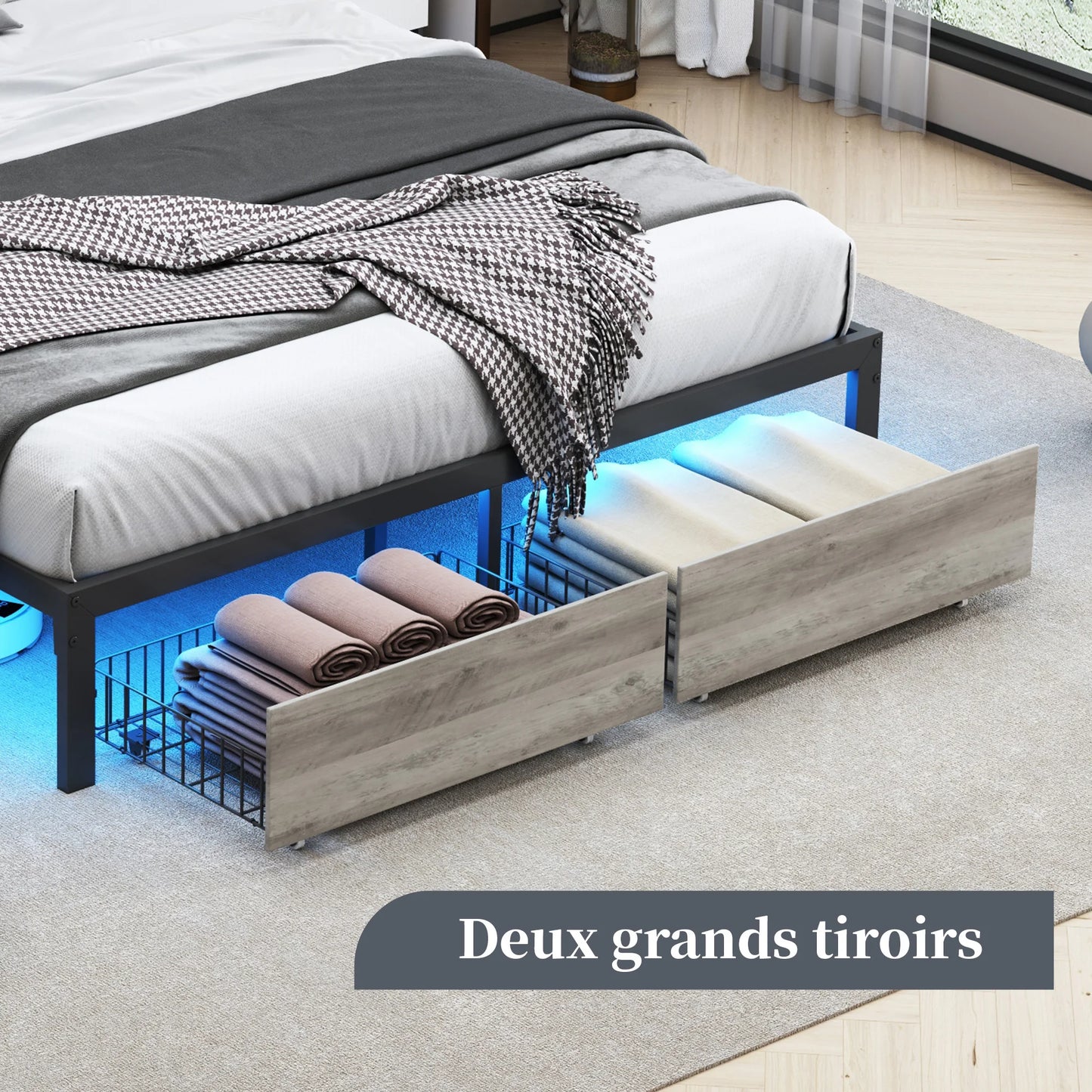 Rosahqnda gepolsterter Doppelbettrahmen 140–160–180 x 200 cm mit 2 Schubladen, Aufbewahrungs-Jugendbett, Gästebett, Apartmentbett, Eisenbett, PU