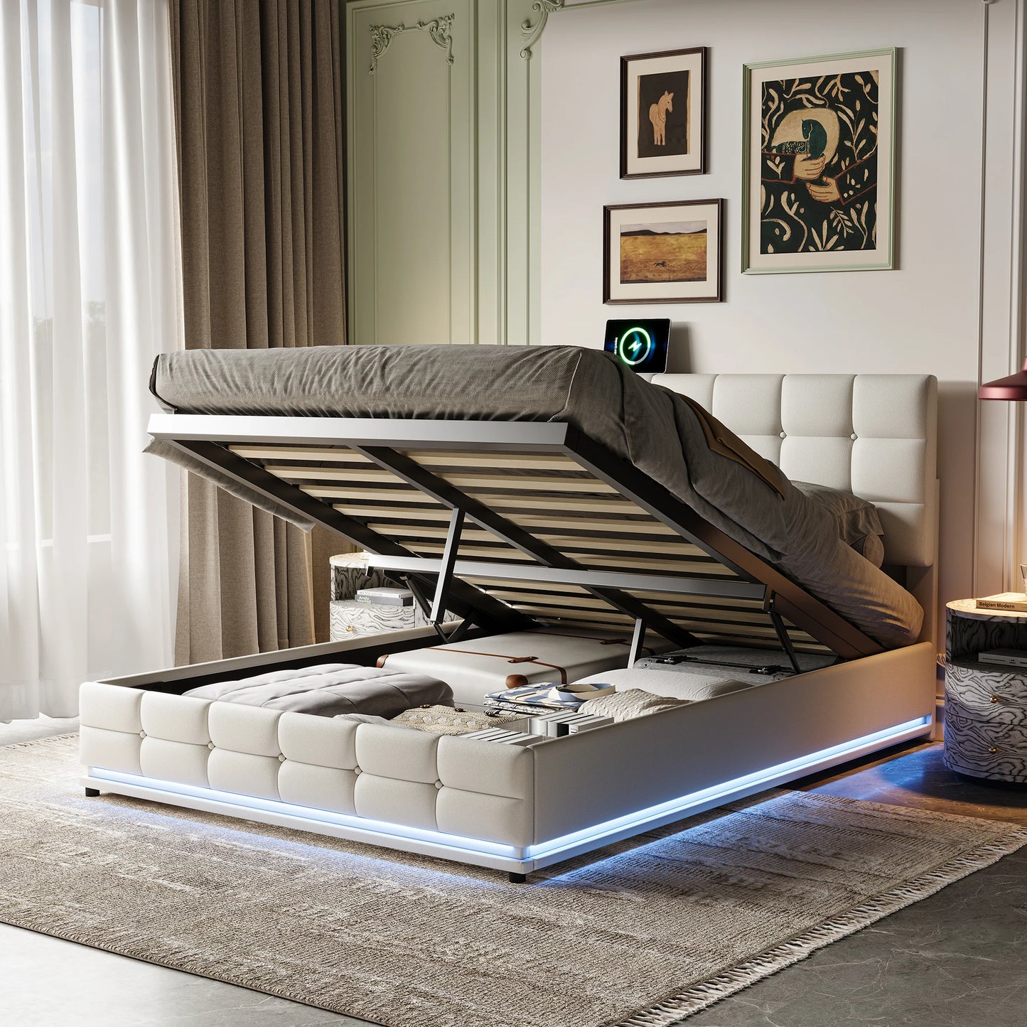 Rosahqnda Polsterbett, doppelbett, Bettgestell, 140 x 200 cm Doppelbett, Stauraumbett, Kunstleder, Weiß, ohne Matratze