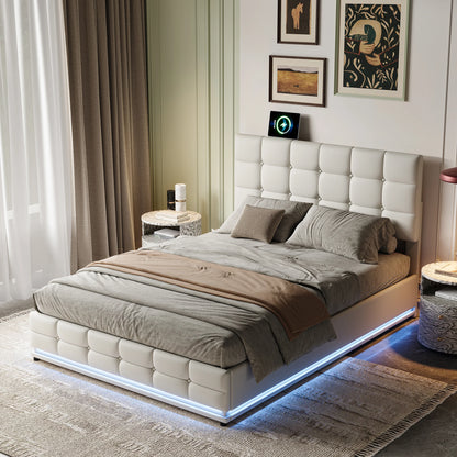 Rosahqnda Polsterbett, doppelbett, Bettgestell, 140 x 200 cm Doppelbett, Stauraumbett, Kunstleder, Weiß, ohne Matratze