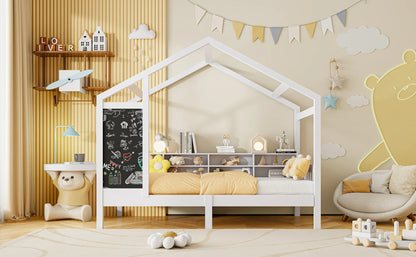 Roshanda Kinderbett, 90 x 200 cm, Hausbett, Einzelbett, mit Tafel/Bücherregal/Schublade, Kiefer, Weiß