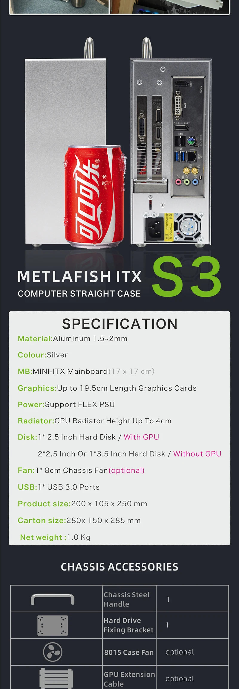 METALFISH S3 MINI ITX Case Aluminum 5 Litre PC Gaming Small Chassis With Handle Support RTX3060/13600 Computer Compact A4 Case.