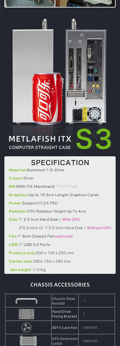 METALFISH S3 MINI ITX Case Aluminum 5 Litre PC Gaming Small Chassis With Handle Support RTX3060/13600 Computer Compact A4 Case.