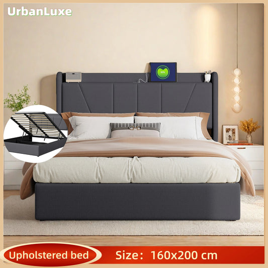 UrbanLuxe 160 x 200 cm Bett mit Stauraum, 2 USB-Anschlüsse + 1 Typ-C-Anschluss, Lattenrost, Leinen, grau, ohne Matratze
