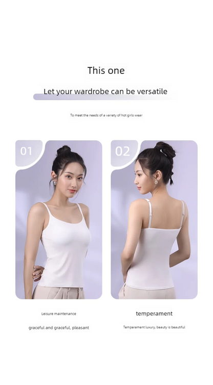 Solid Color Sling Vest for Women with Built-in Bra Pads, Adjustable Shoulder Straps - Summer Inner Layer Top.