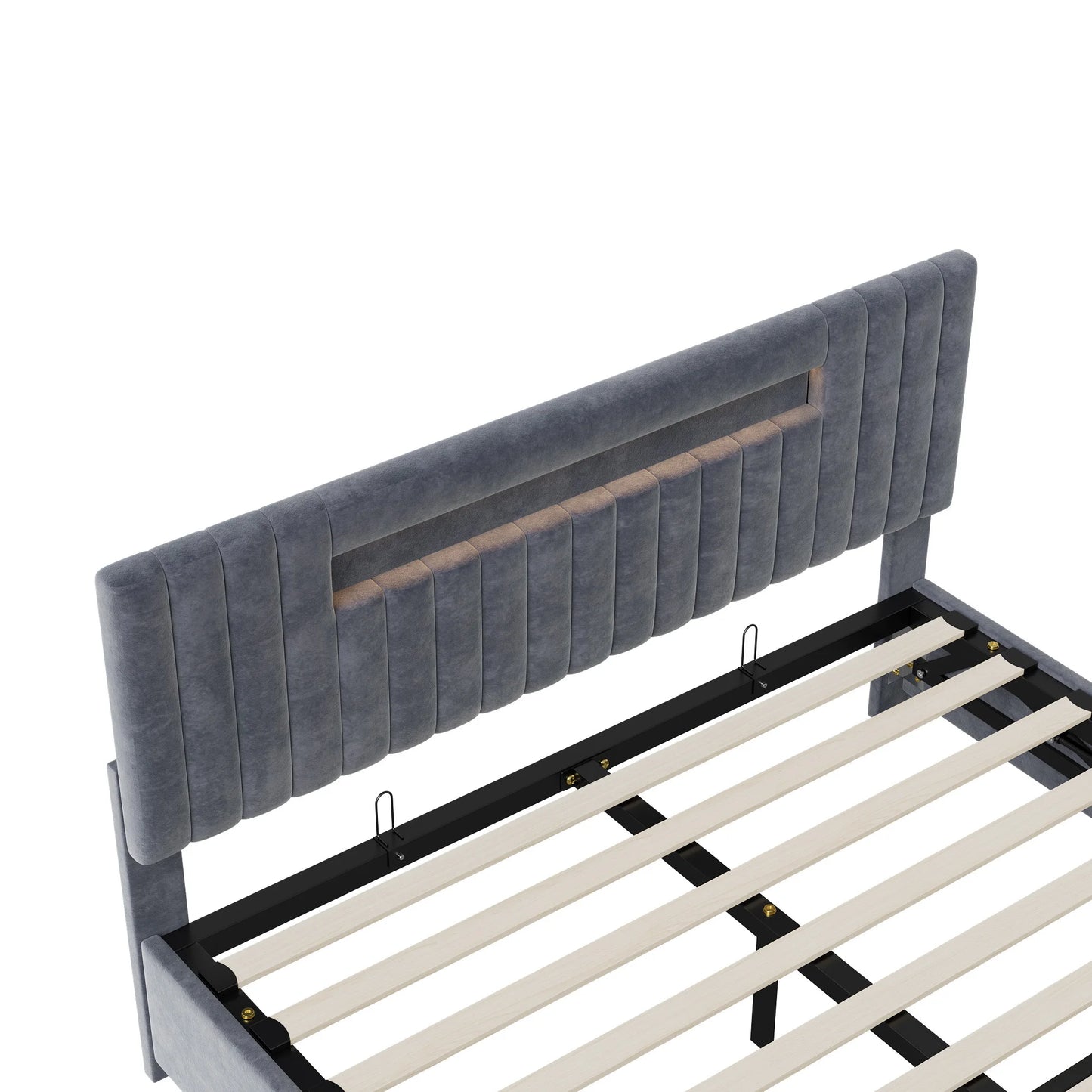 Rosahqnda hydraulisches Doppelbettgestell 140–160 x 200 cm mit LED, USB und großem Stauraum, gepolstertes Gästebett, Teenager-Wohnbett, Samt